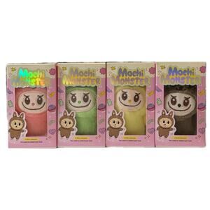 Set Of 4 Mochi Monster Plush Charm Collectible Keychains Pink,Green,Yellow,Tan